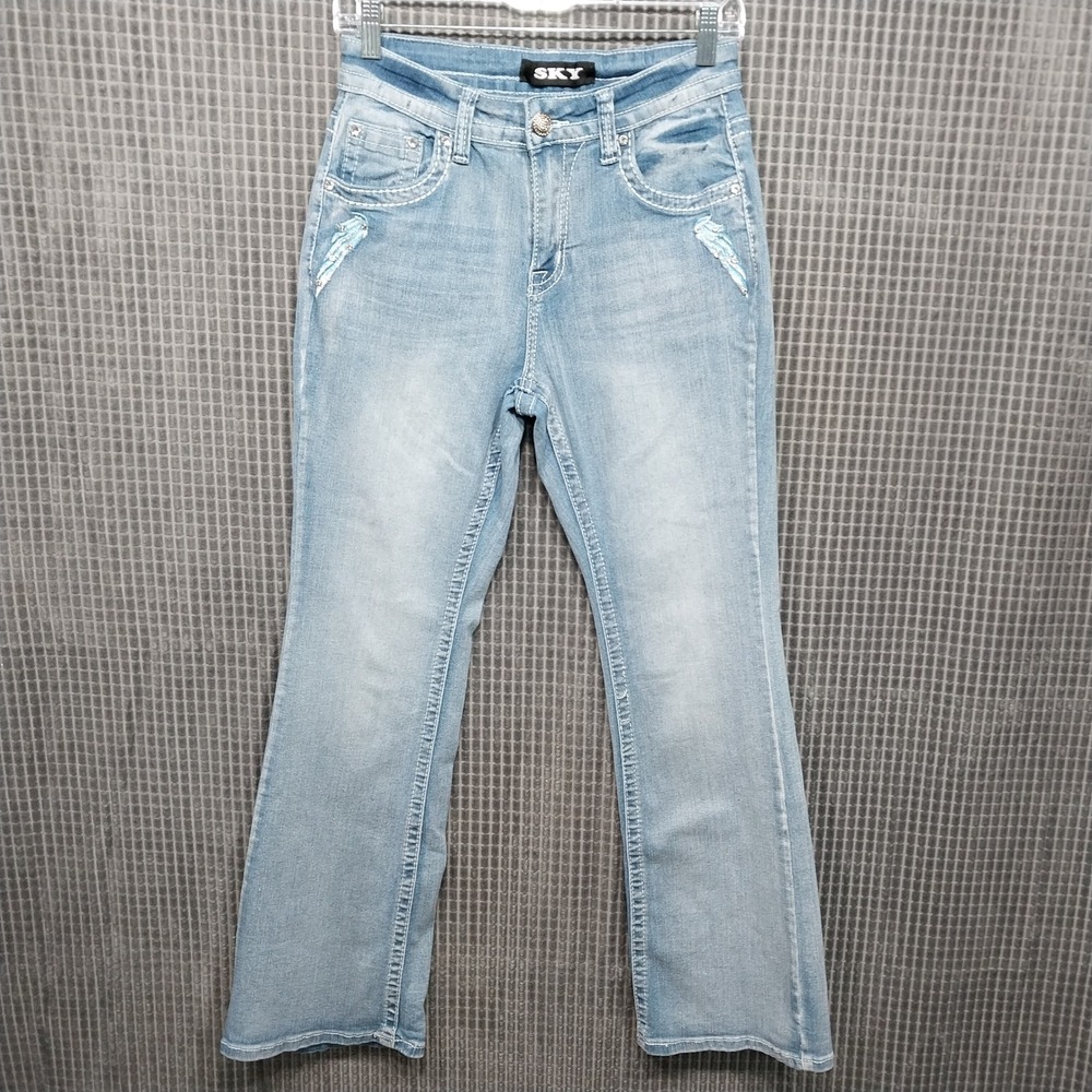 SKY Bootcut Jeans Womens Embroidered Heart Wings Rhinestone 9/10 Light Blue